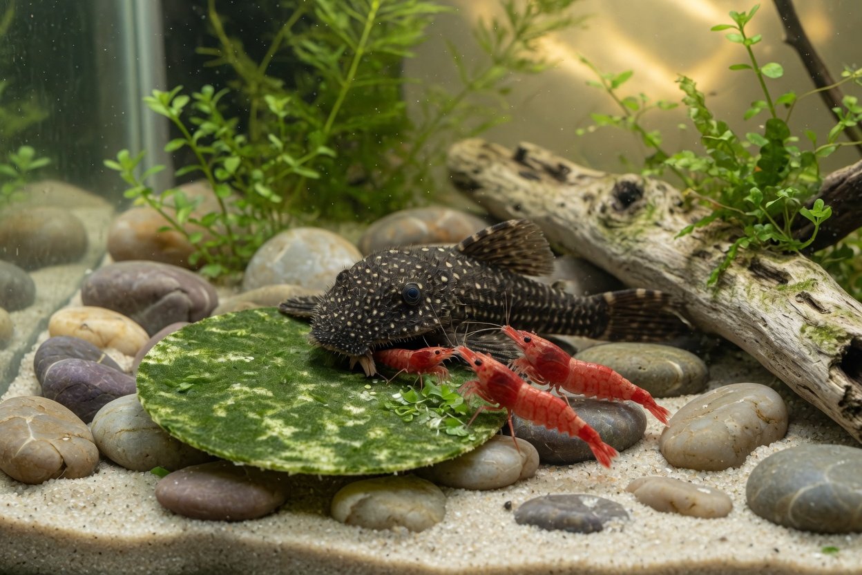 A bristlenose pleco eating a green algae wafer on the sand of an aquarium