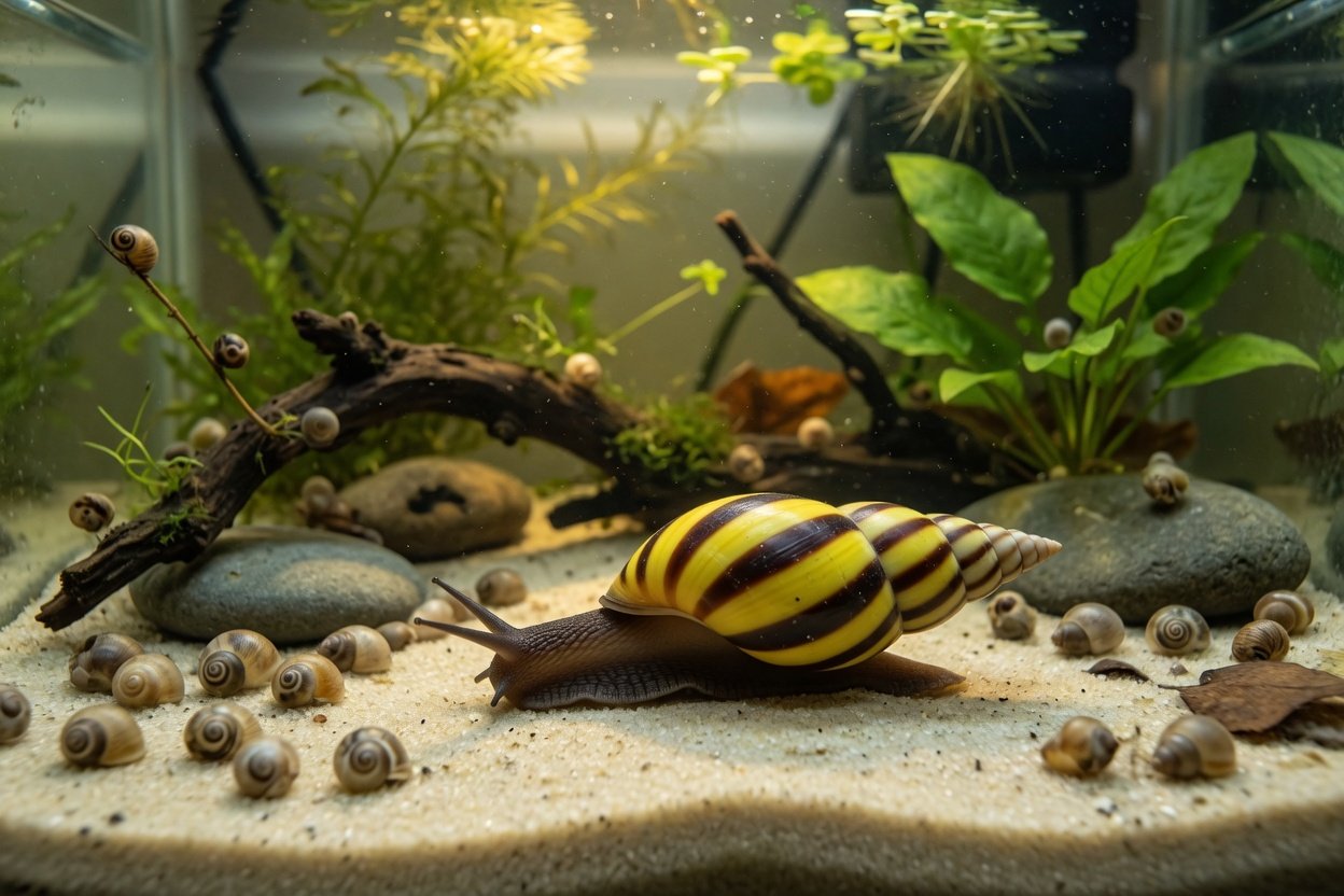 A yellow-and-brown striped assassin snail on aquarium sand