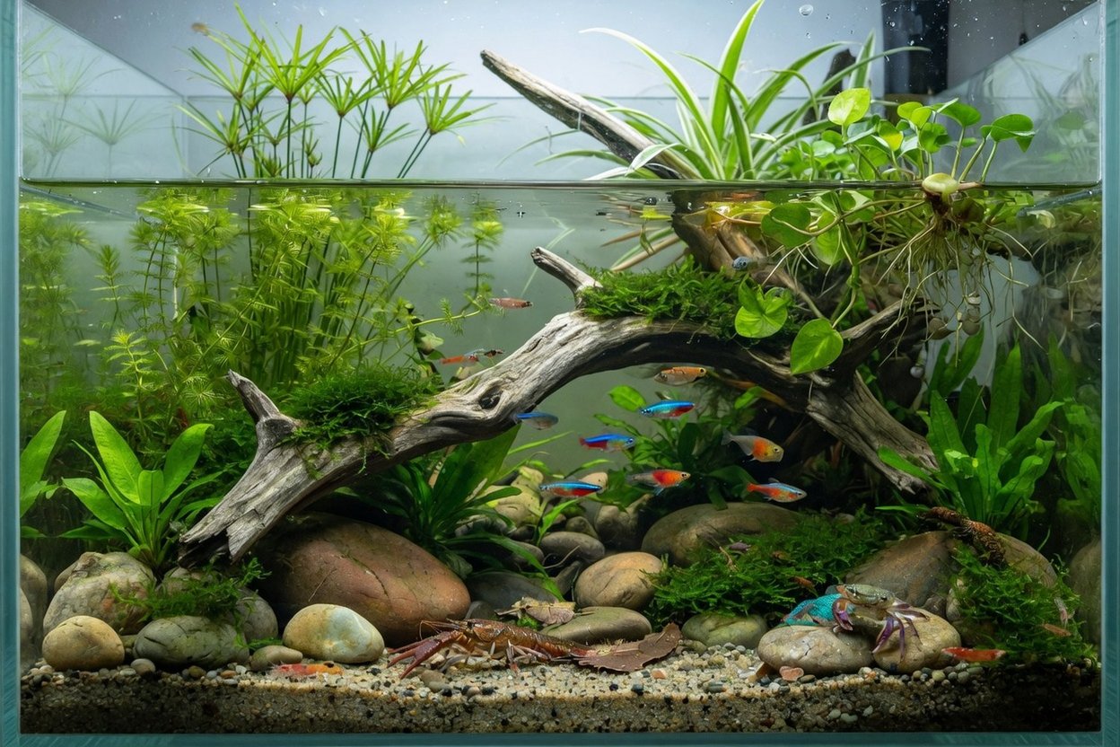A river-style aquarium with driftwood, stones and small schooling fish