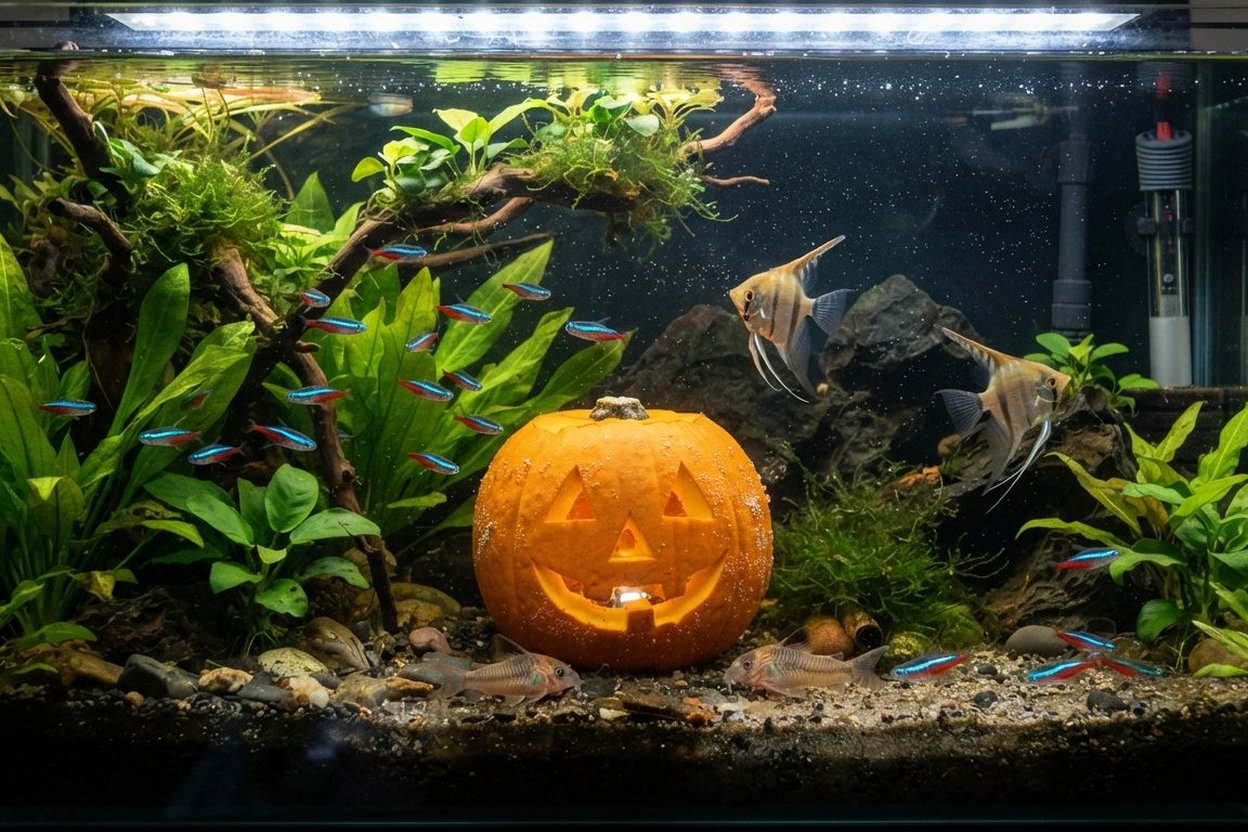 A carved jack-o'-lantern submerged in a freshwater aquarium tank with fish swimming nearby