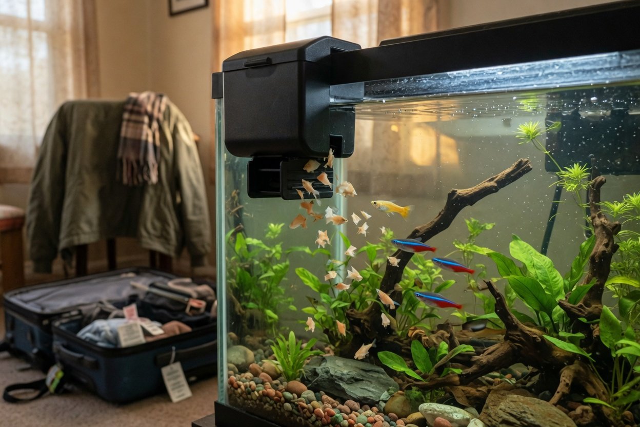 An automatic fish feeder clipped to the rim of a home aquarium