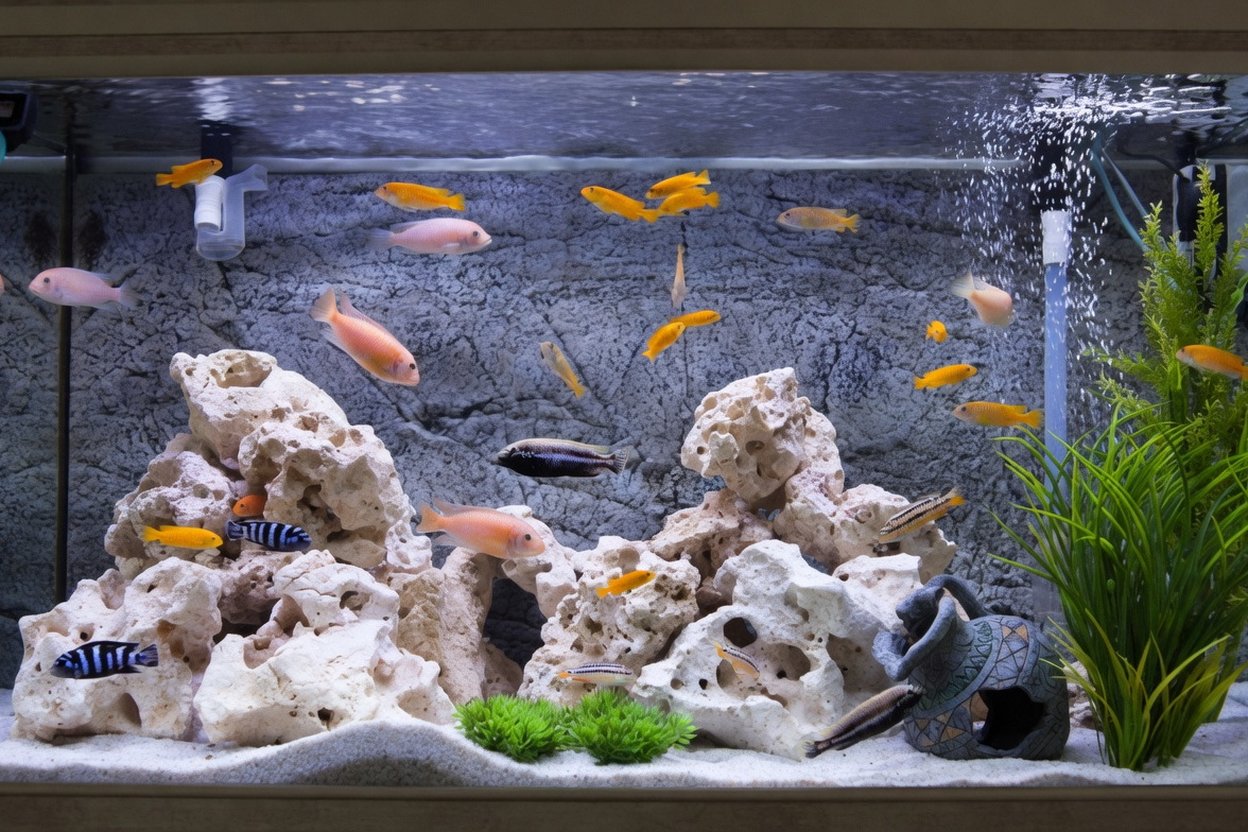 A planted freshwater aquarium with fish and rocks