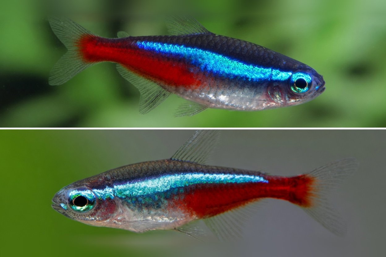 Two neon tetras shown side by side for a close health check