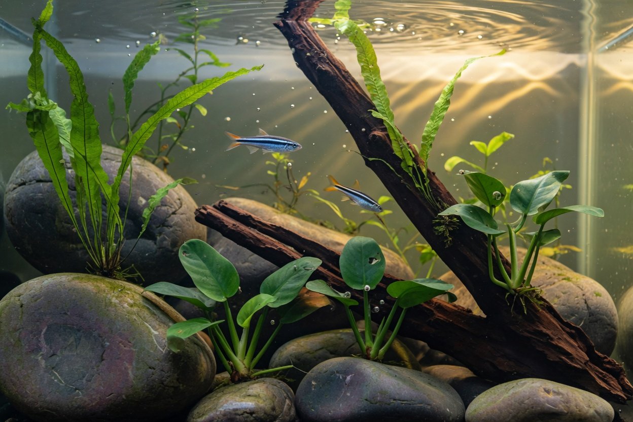 A piece of driftwood in an aquarium covered with green java fern and anubias leaves