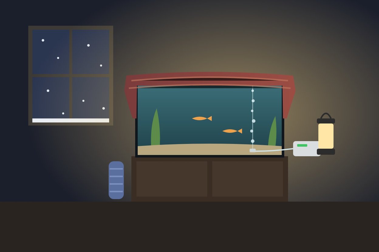Illustration of an aquarium wrapped in a blanket by candle-free lantern light during a power outage