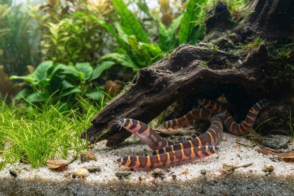 A group of striped orange-and-black kuhli loaches poking out from fine sand under a piece of driftwood in a planted aquarium