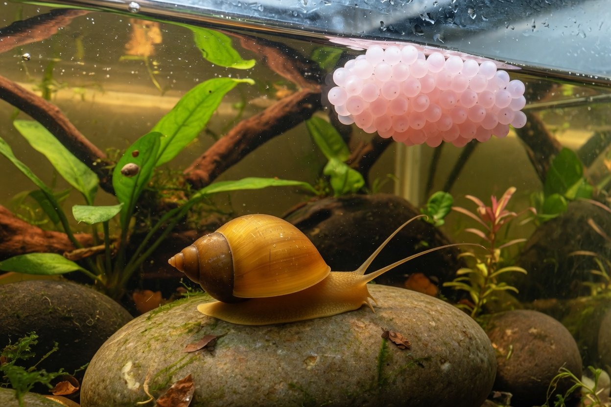A gold mystery snail with its long tentacles out, crawling on the glass of an aquarium