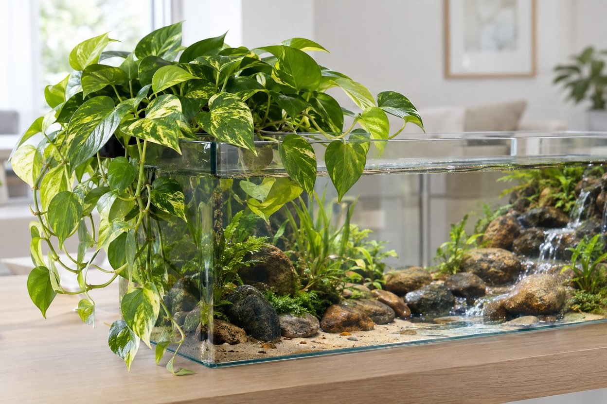 Pothos vines cascading over the rim of a glass river tank with rocks and water