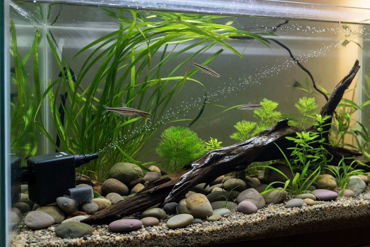 A small aquarium powerhead pump mounted on the glass of a freshwater tank with plants moving in the current