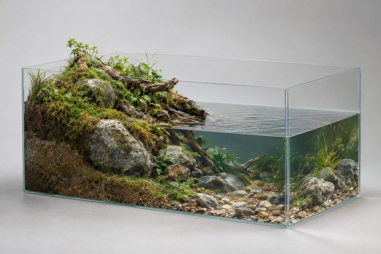 A rimless glass tank with moss, rocks and water forming a small riverbank