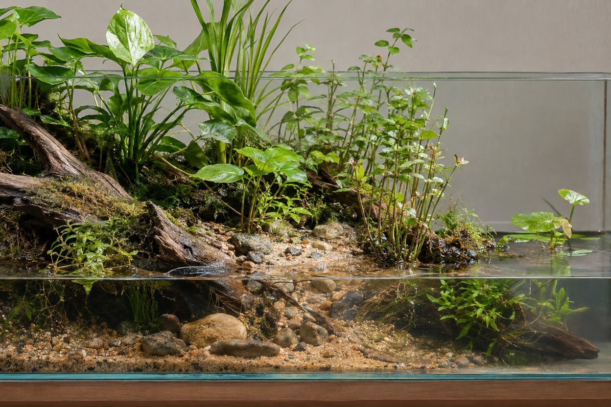 A planted riparium with driftwood, rocks and plants growing above and below the water