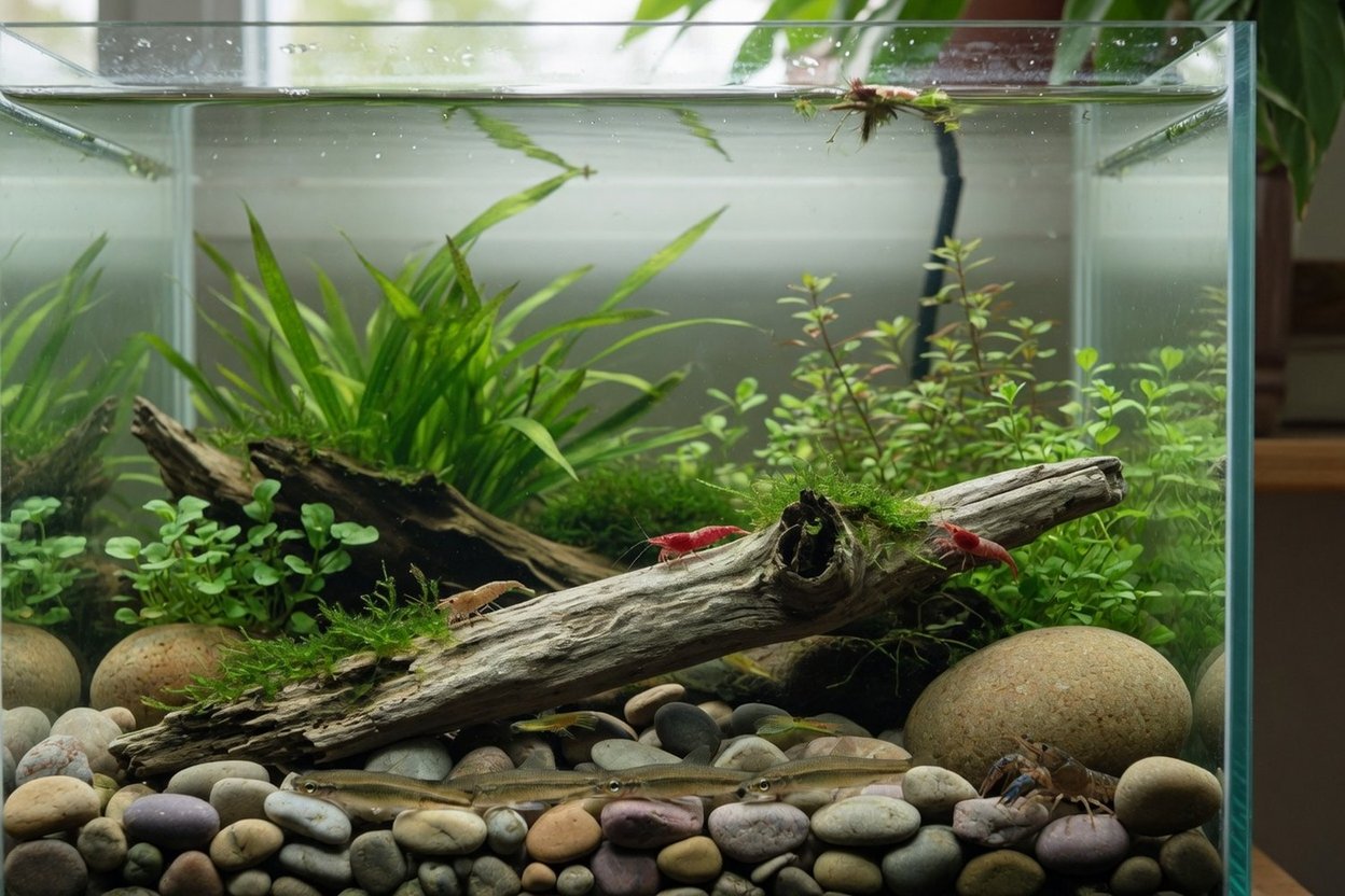 A long river-style aquarium with rounded stones, driftwood and plants