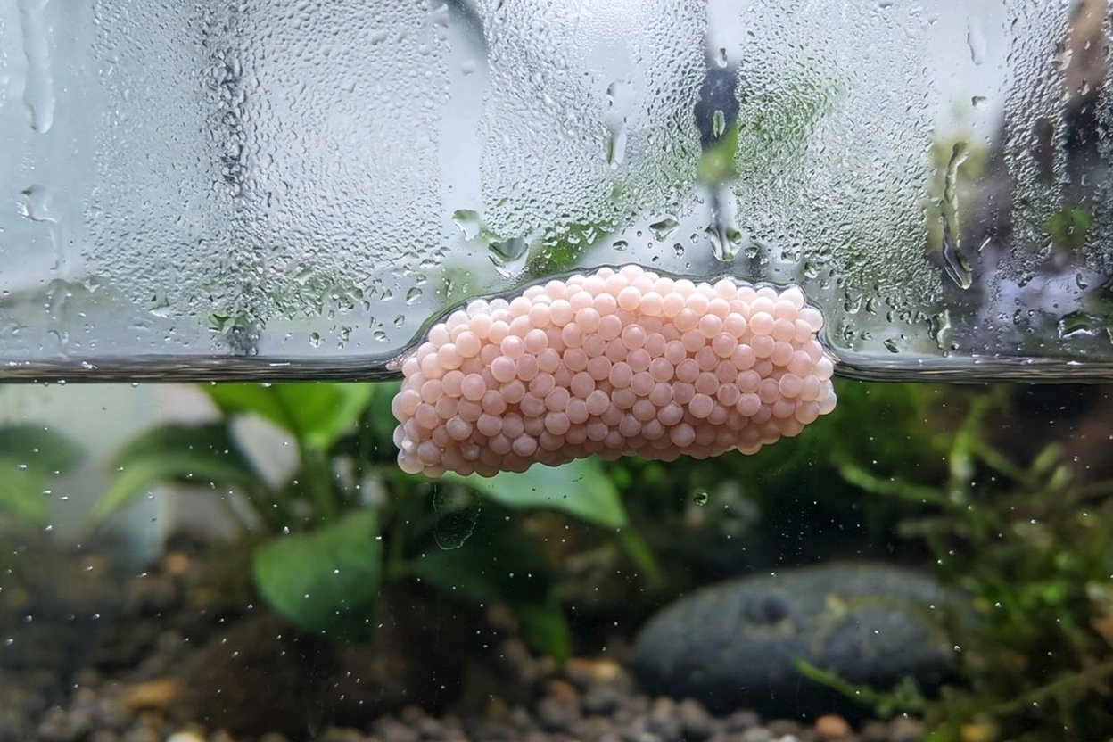 Close-up of a pale pink mystery snail egg clutch stuck to aquarium glass just above the waterline, with condensation on the glass