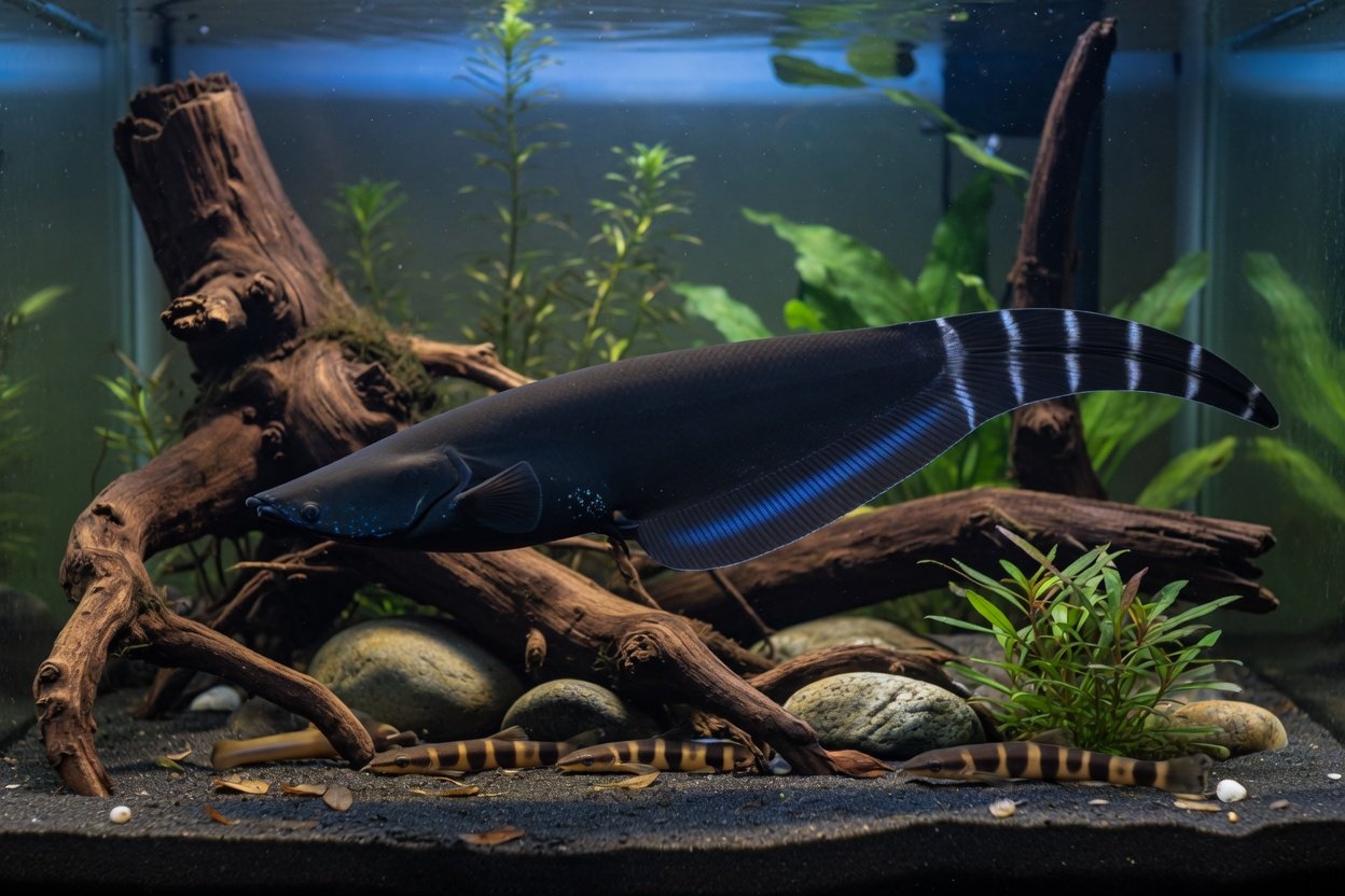 A black ghost knifefish with white tail bands swimming in a dark aquarium