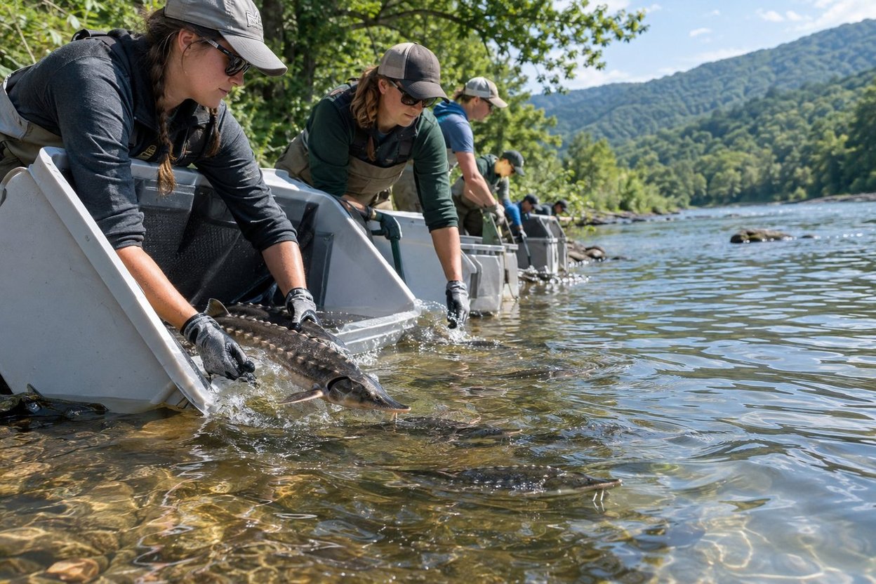 Lake sturgeon being released into a river from boats.