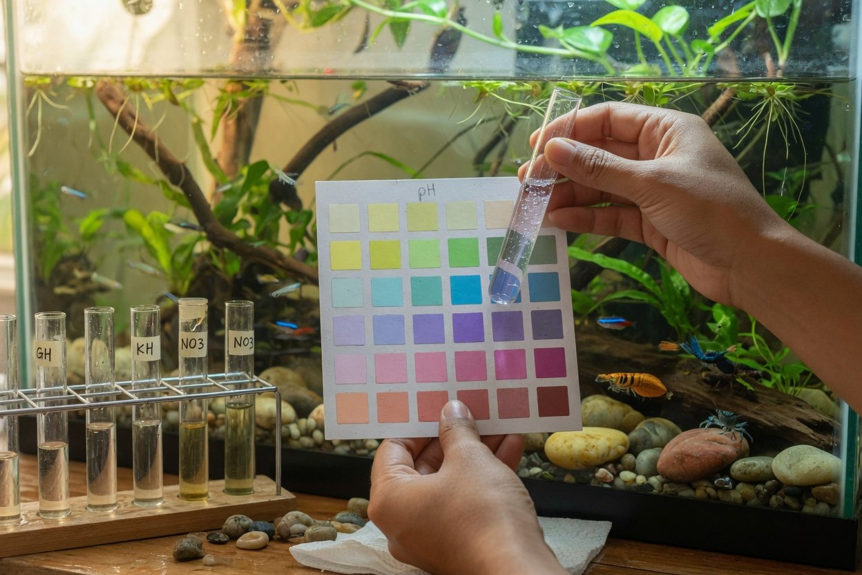 A person testing aquarium water with a liquid test kit, test tubes lined up beside the tank