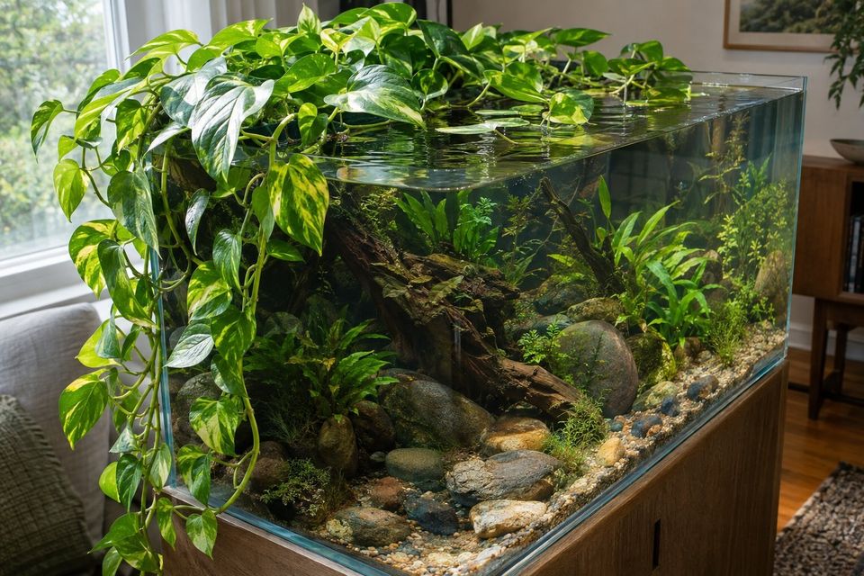 Pothos greenery spilling over a planted river tank