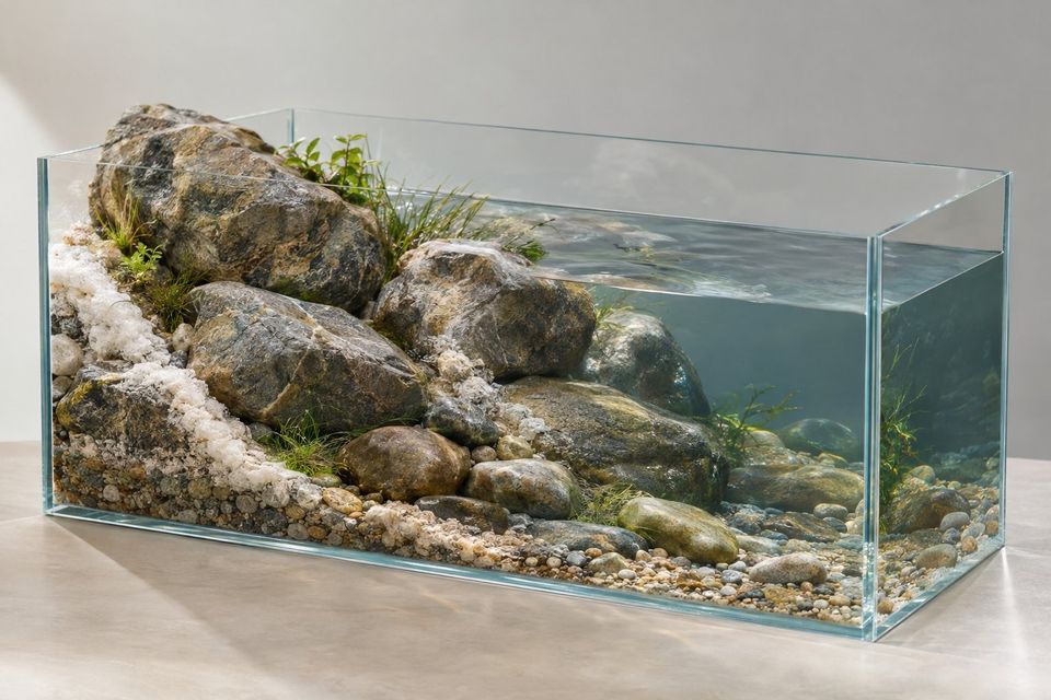 A rimless aquarium with rocks, gravel and green plants in clear water