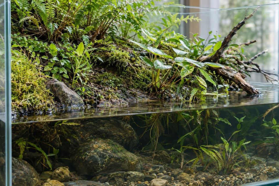 A green riparium with shallow water, rocks and plants along the shoreline
